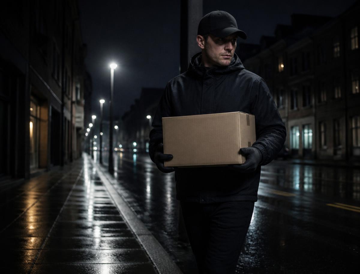 Courier delivering a parcel on a city street at night