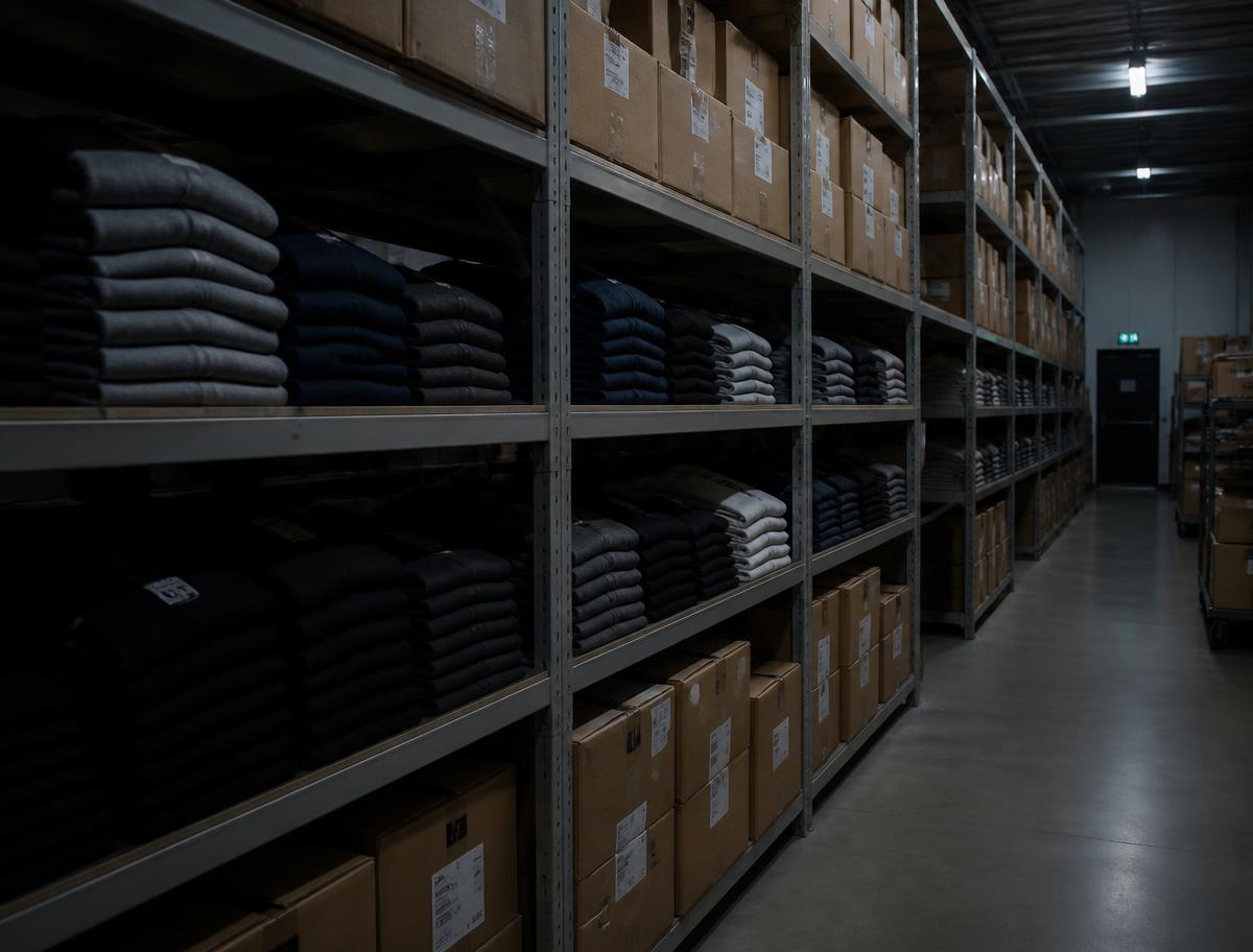 Stockroom shelves with folded apparel and cartons